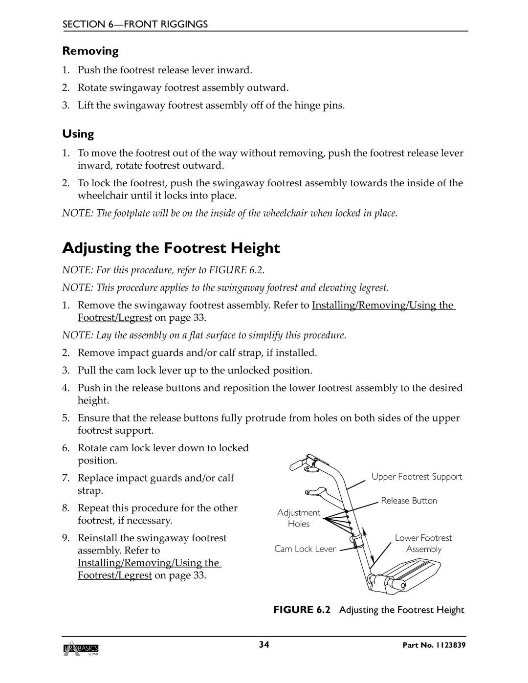 Invacare XP6520, XP6500 manual Adjusting the Footrest Height, Removing, Using 