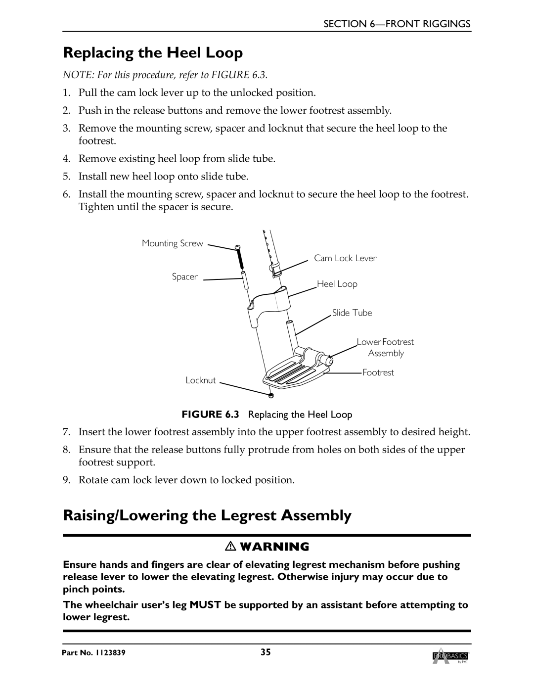 Invacare XP6500, XP6520 manual Replacing the Heel Loop, Raising/Lowering the Legrest Assembly 