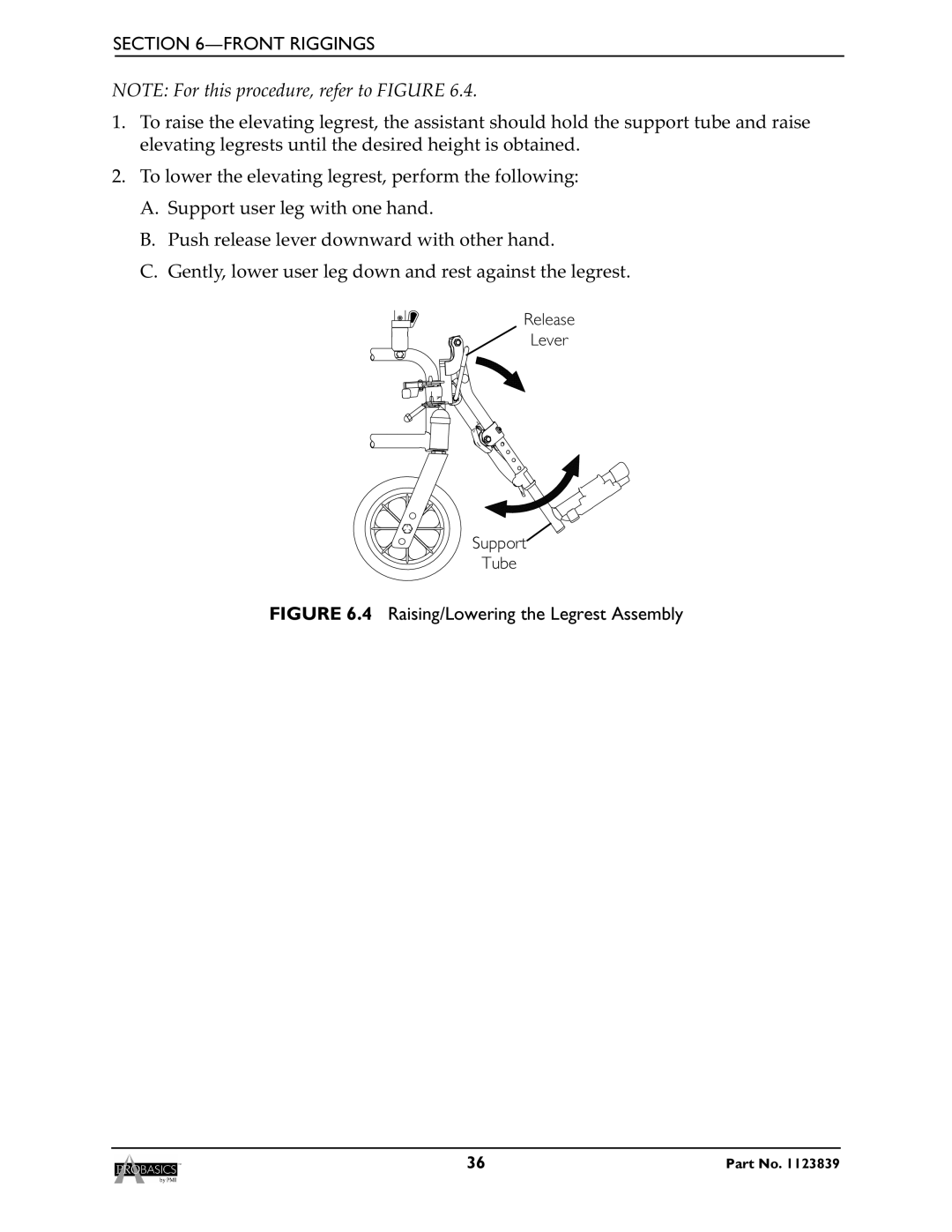 Invacare XP6520, XP6500 manual Raising/Lowering the Legrest Assembly 