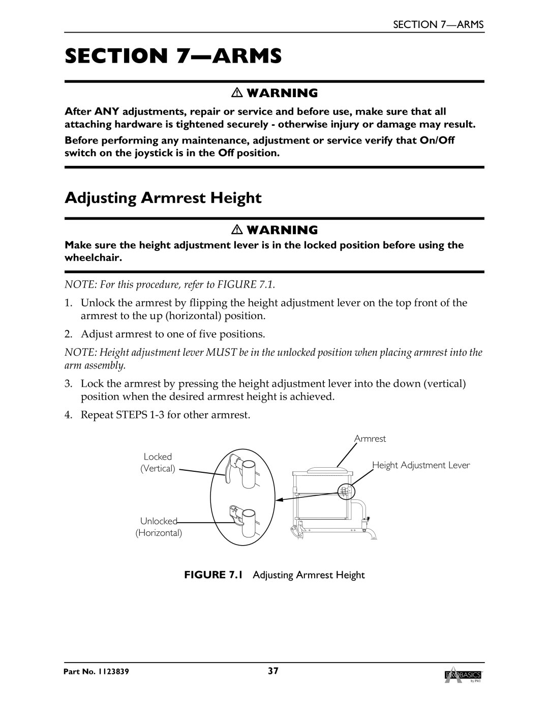 Invacare XP6500, XP6520 manual Arms, Adjusting Armrest Height 