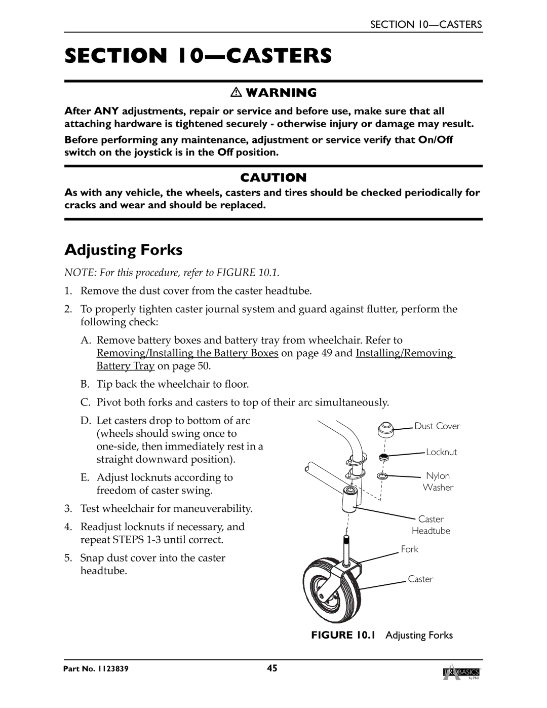 Invacare XP6500, XP6520 manual Casters, Adjusting Forks 