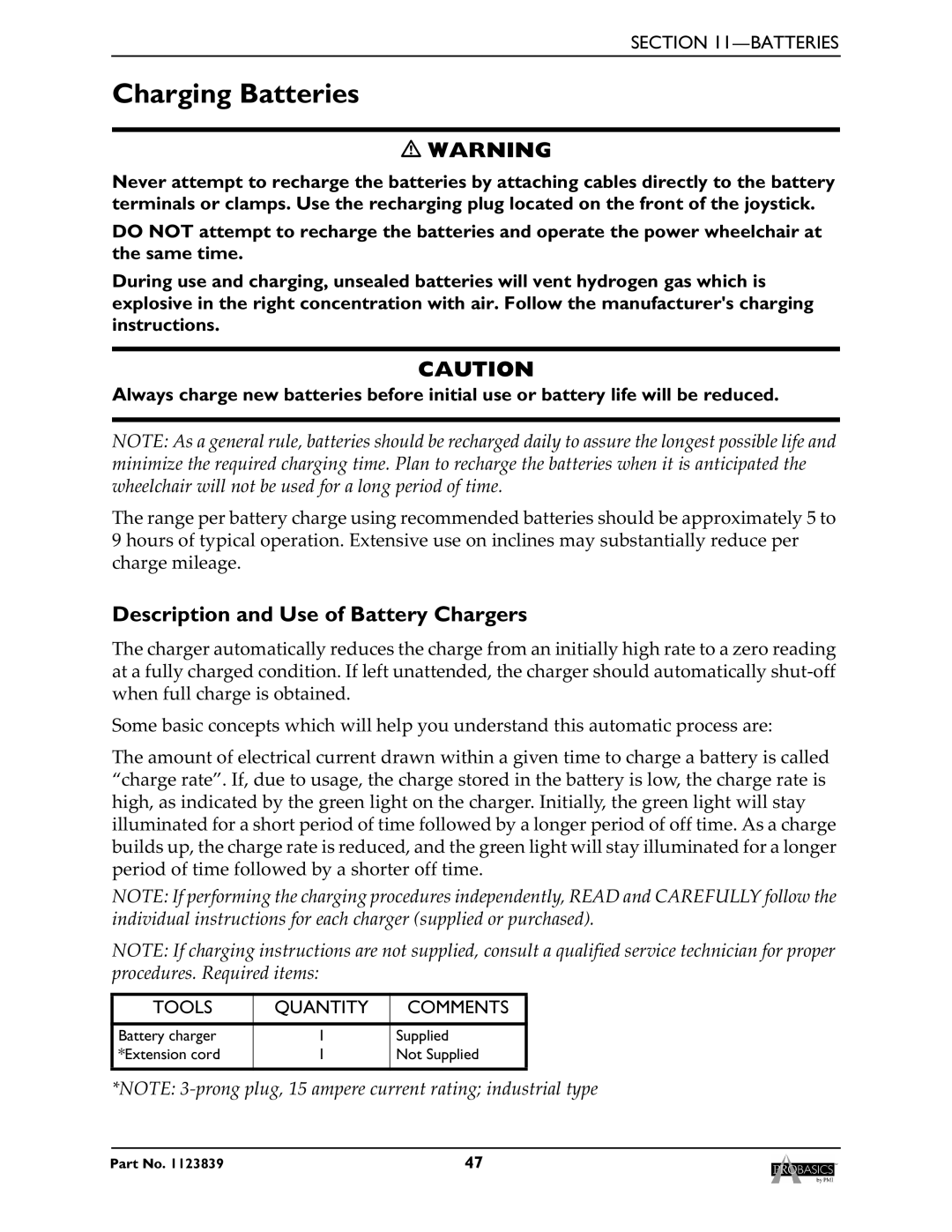 Invacare XP6500, XP6520 manual Charging Batteries, Description and Use of Battery Chargers, Tools Quantity Comments 