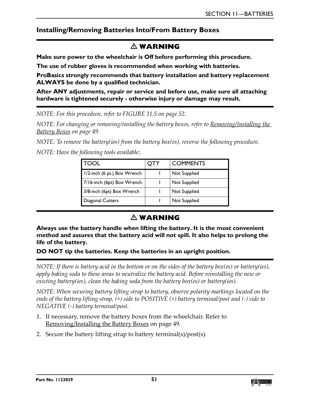 Invacare XP6500, XP6520 manual Installing/Removing Batteries Into/From Battery Boxes, Tool QTY Comments 