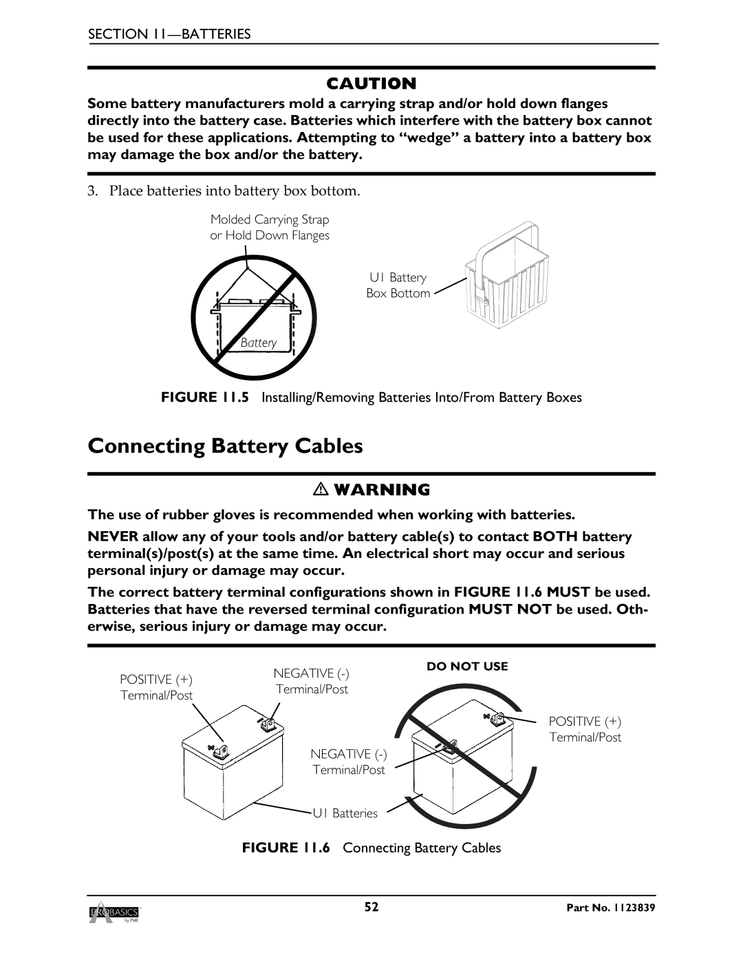 Invacare XP6520, XP6500 manual Connecting Battery Cables, Installing/Removing Batteries Into/From Battery Boxes 