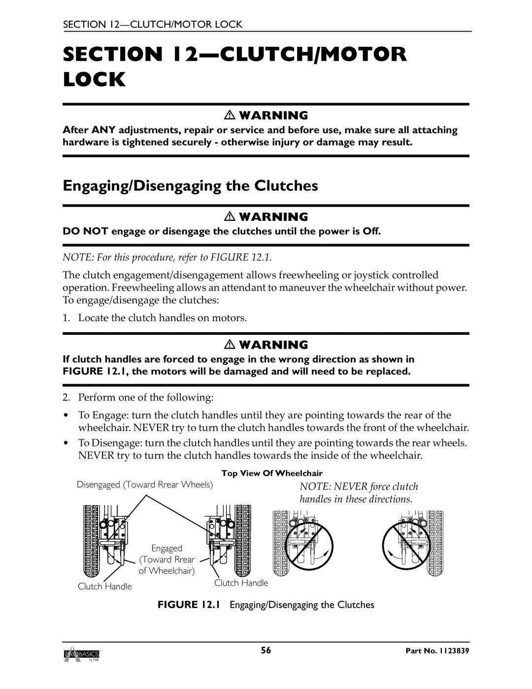 Invacare XP6520, XP6500 manual CLUTCH/MOTOR Lock, Engaging/Disengaging the Clutches 