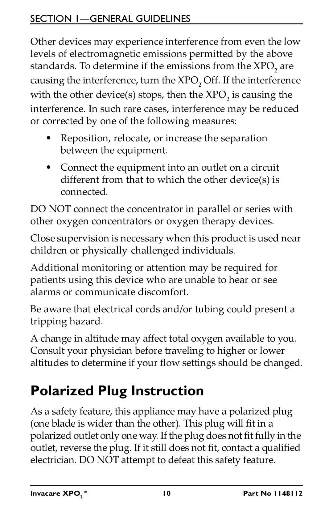 Invacare XPO100B user manual Polarized Plug Instruction 