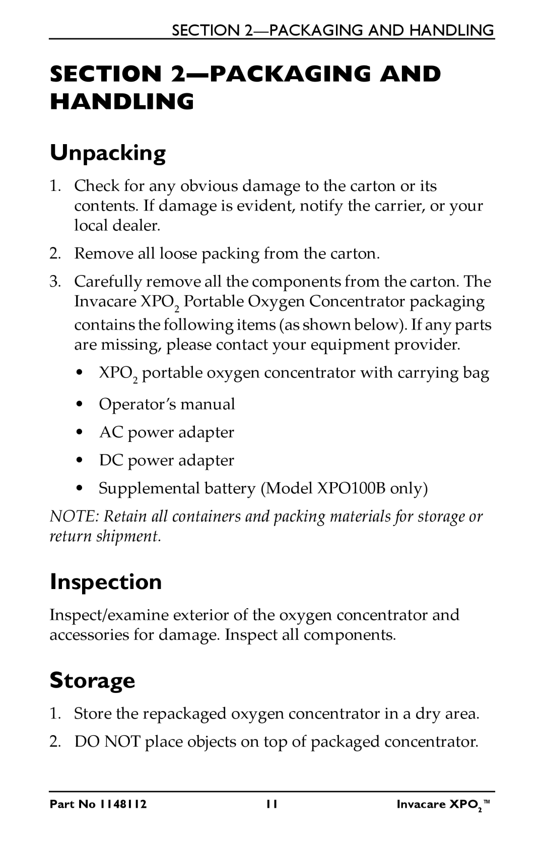 Invacare XPO100B user manual Packaging and Handling, Unpacking, Inspection, Storage 