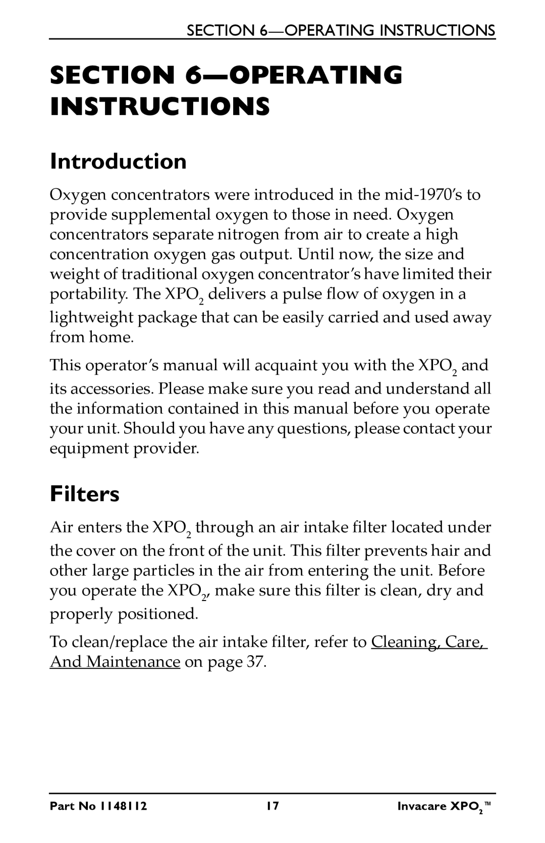 Invacare XPO100B user manual Introduction, Filters 