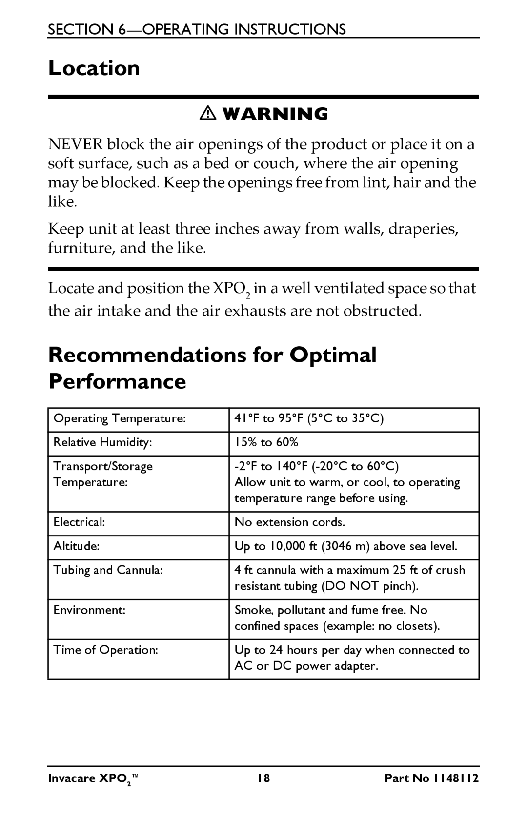 Invacare XPO100B user manual Location, Recommendations for Optimal Performance 