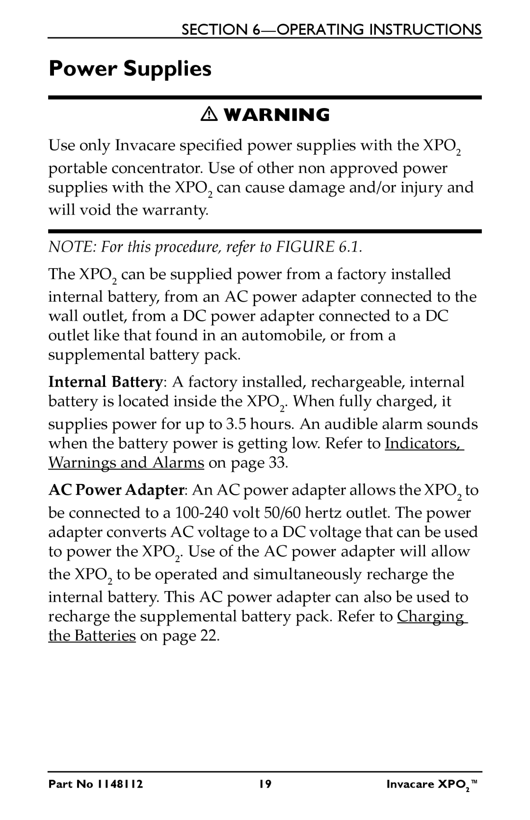 Invacare XPO100B user manual Power Supplies 