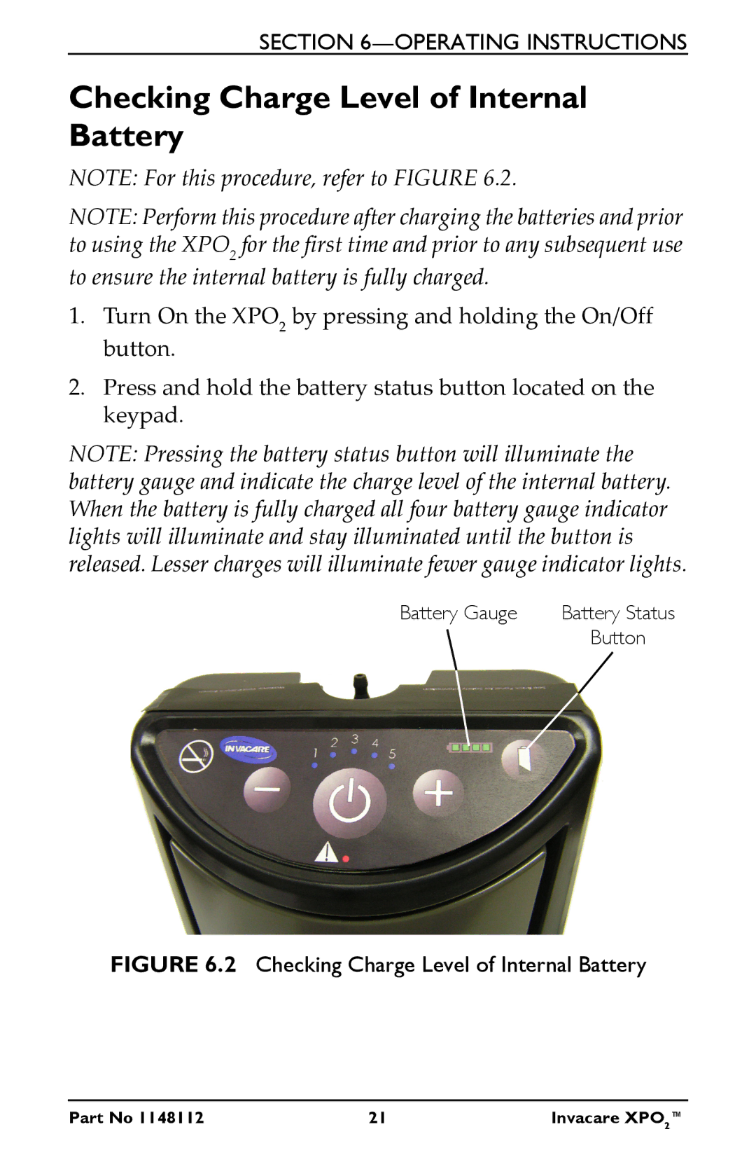 Invacare XPO100B user manual Checking Charge Level of Internal Battery 