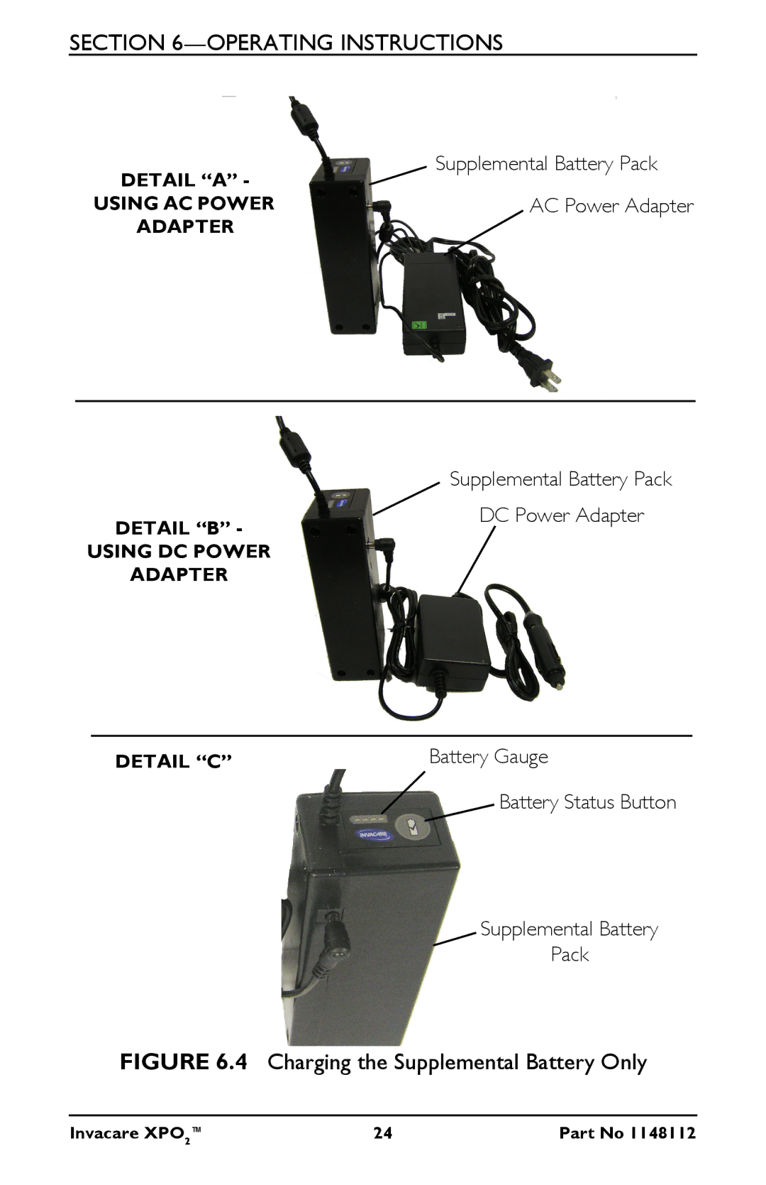 Invacare XPO100B user manual Charging the Supplemental Battery Only 