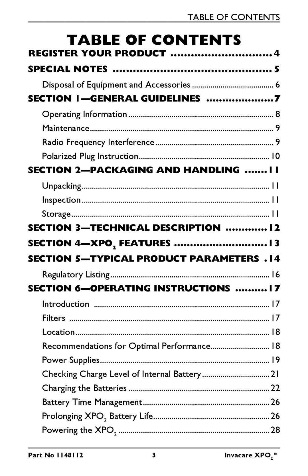 Invacare XPO100B user manual Table of Contents 