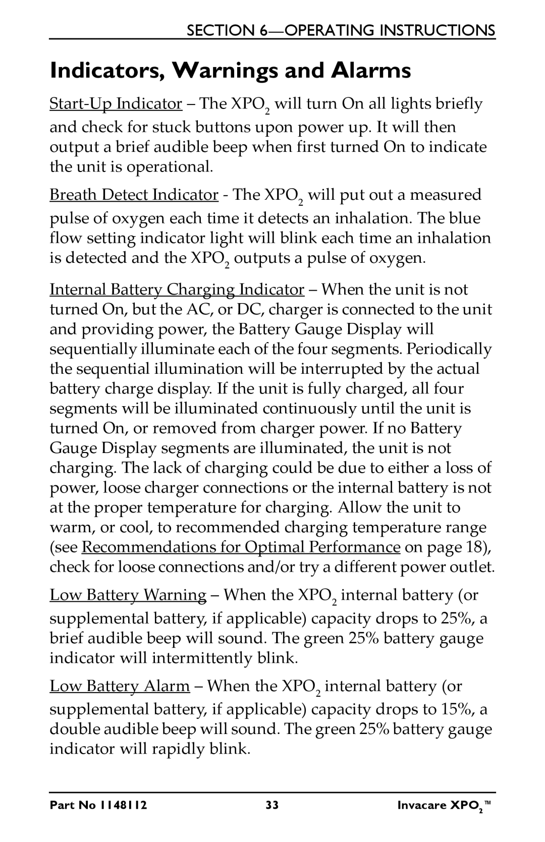 Invacare XPO100B user manual Indicators, Warnings and Alarms 