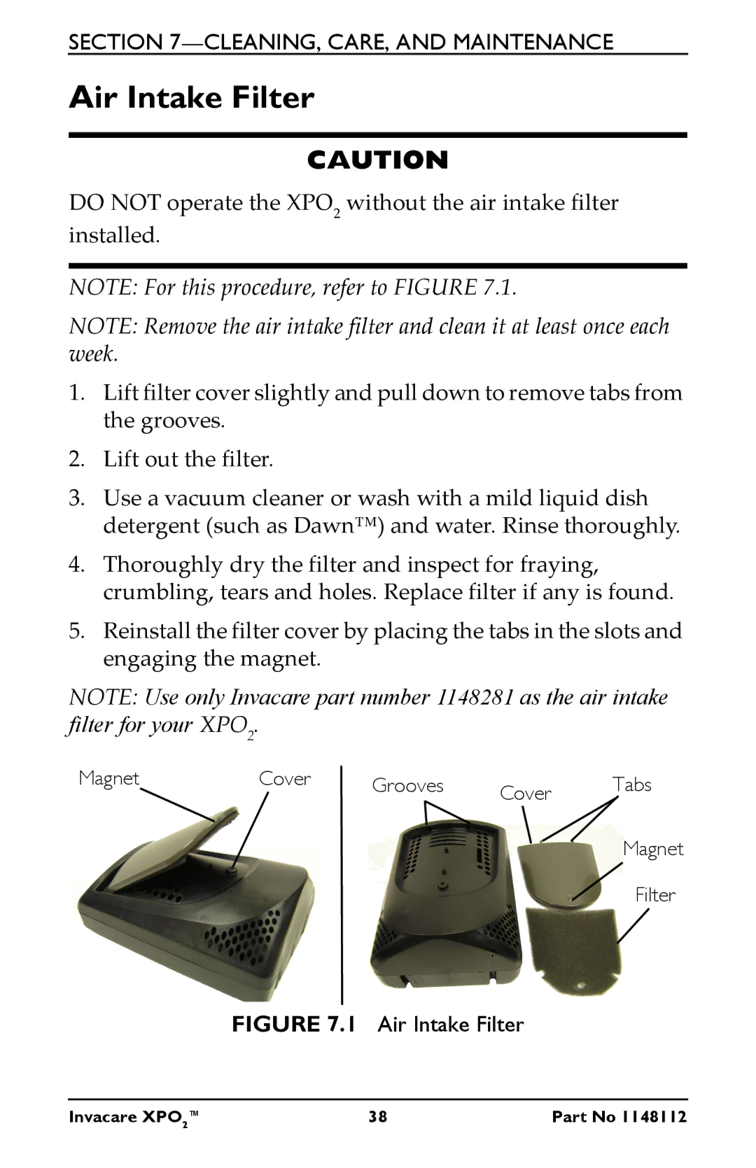 Invacare XPO100B user manual Air Intake Filter 