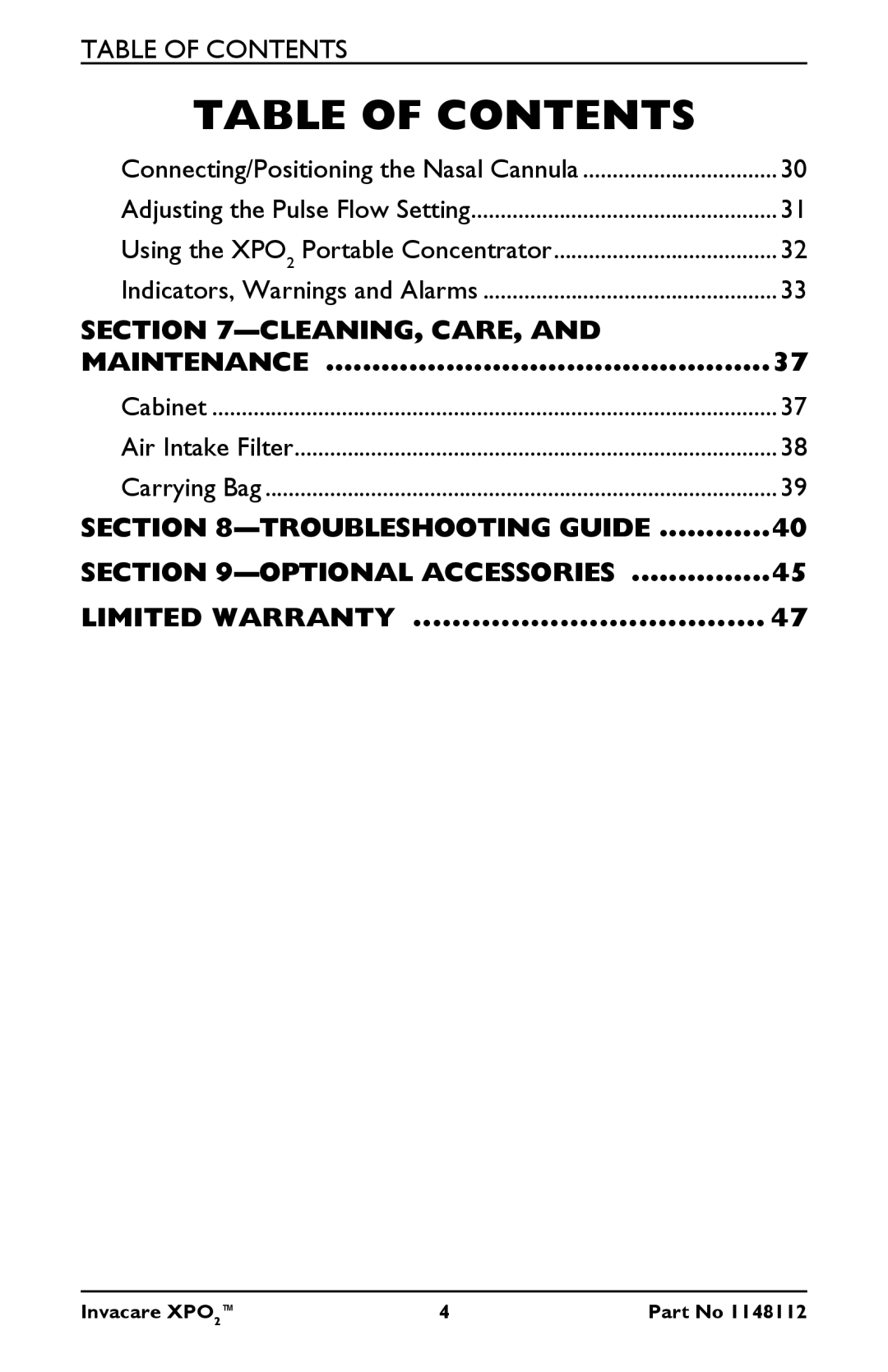 Invacare XPO100B user manual Table of Contents 