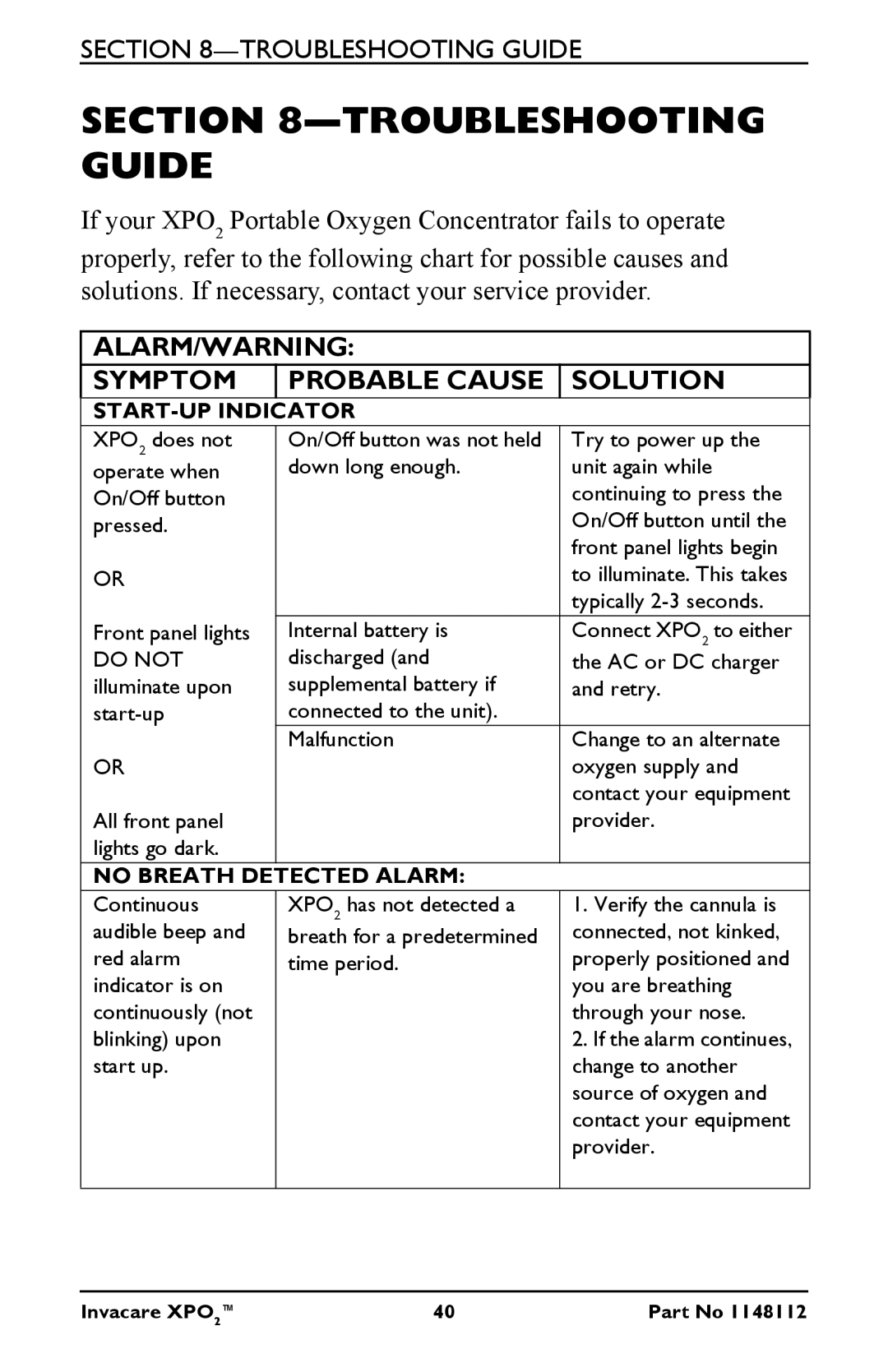 Invacare XPO100B user manual Troubleshooting Guide, ALARM/WARNING Symptom Probable Cause Solution 