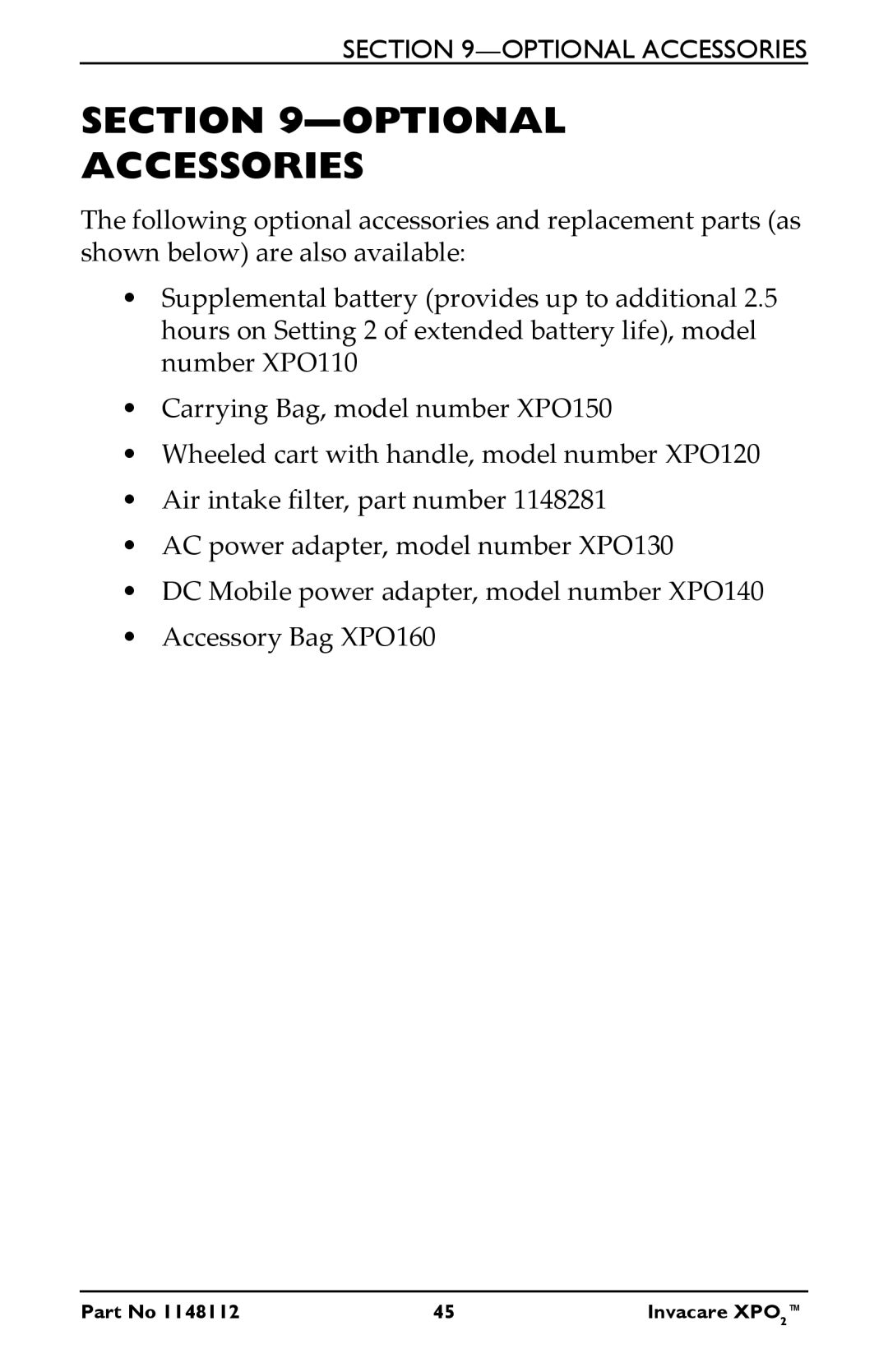 Invacare XPO100B user manual Optional Accessories 