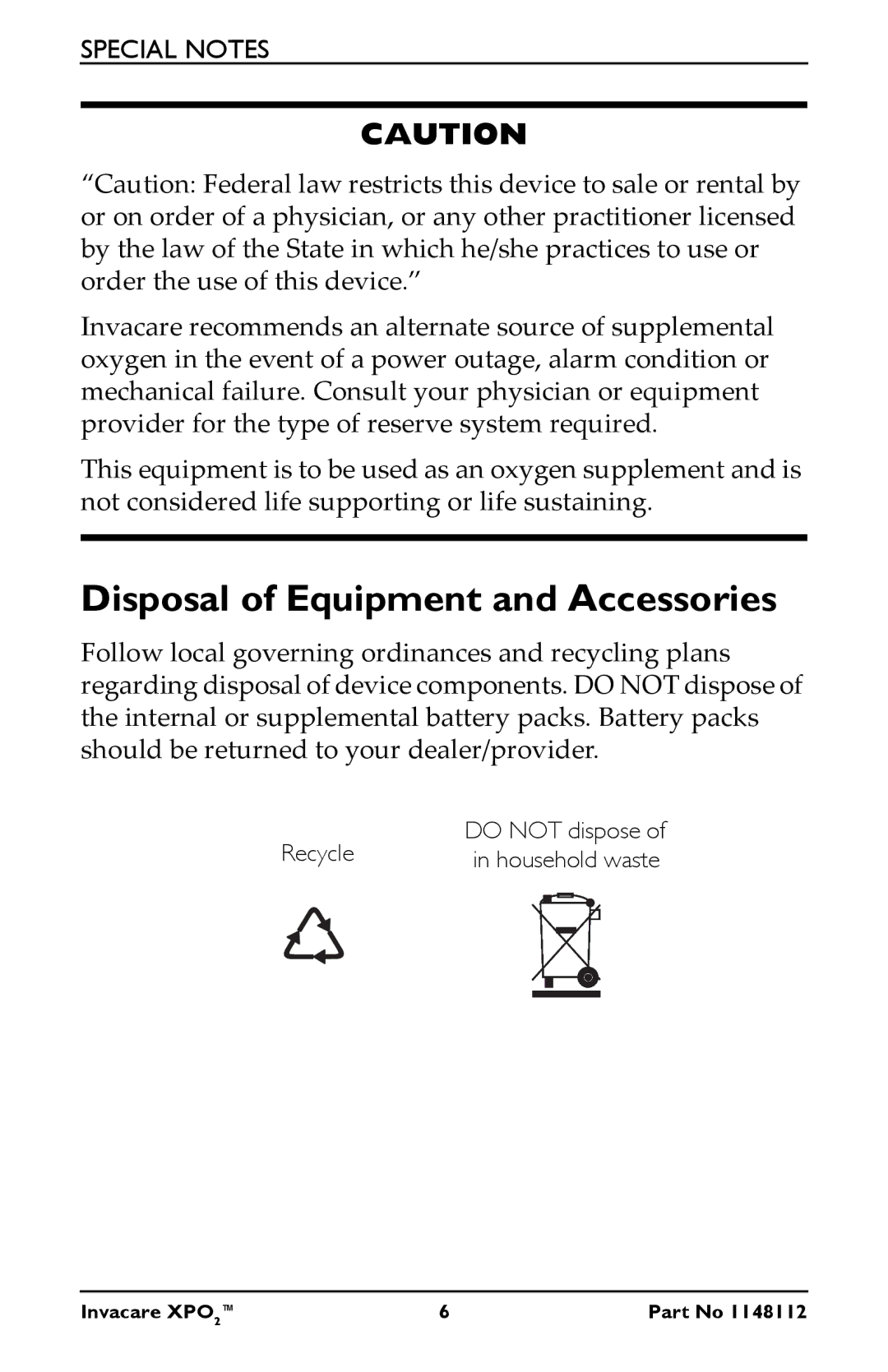 Invacare XPO100B user manual Disposal of Equipment and Accessories 