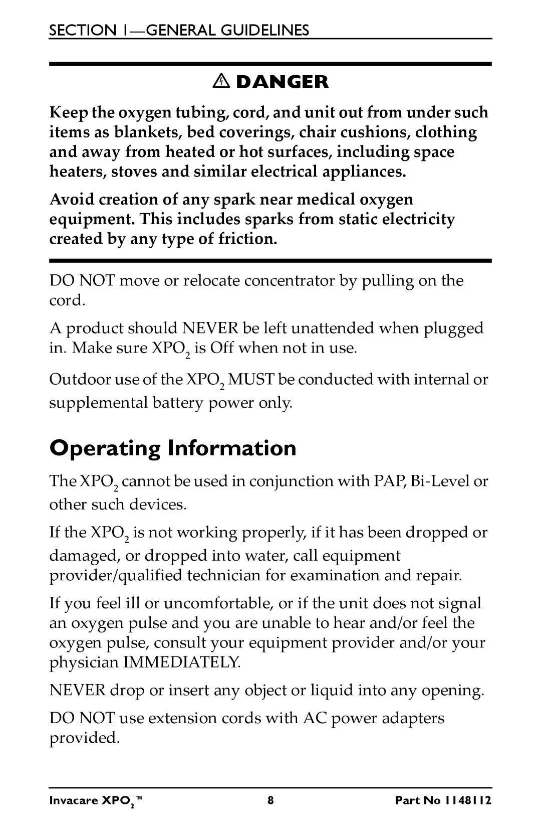 Invacare XPO100B user manual Operating Information 