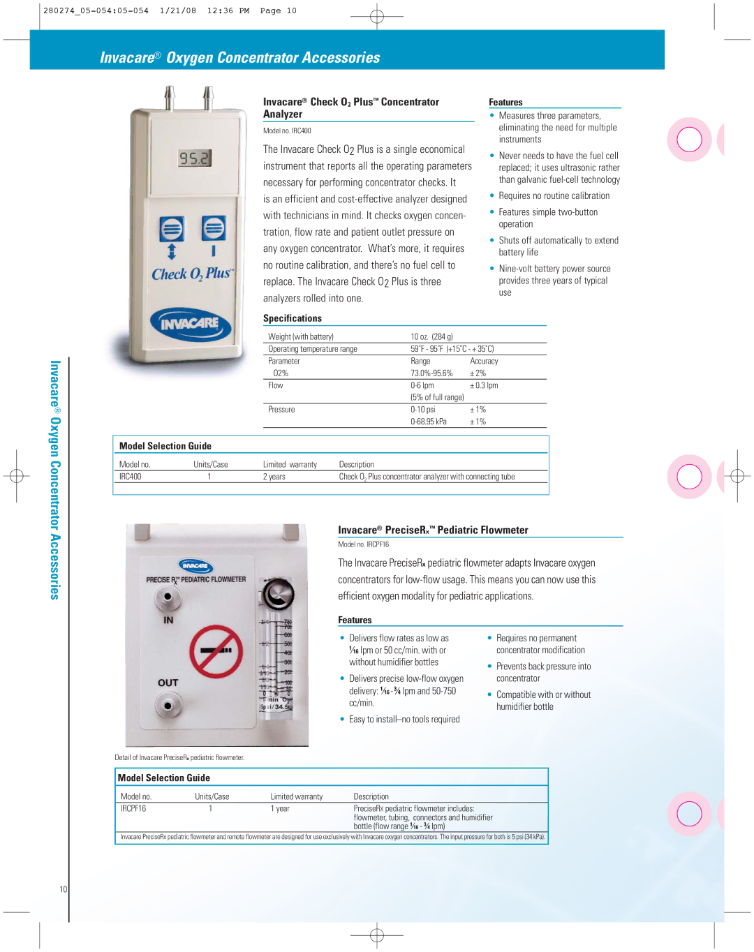 Invacare XPO2 manual Invacare Oxygen Concentrator Accessories, Invacare Check O2 Plus Concentrator Analyzer, IRCPF16 