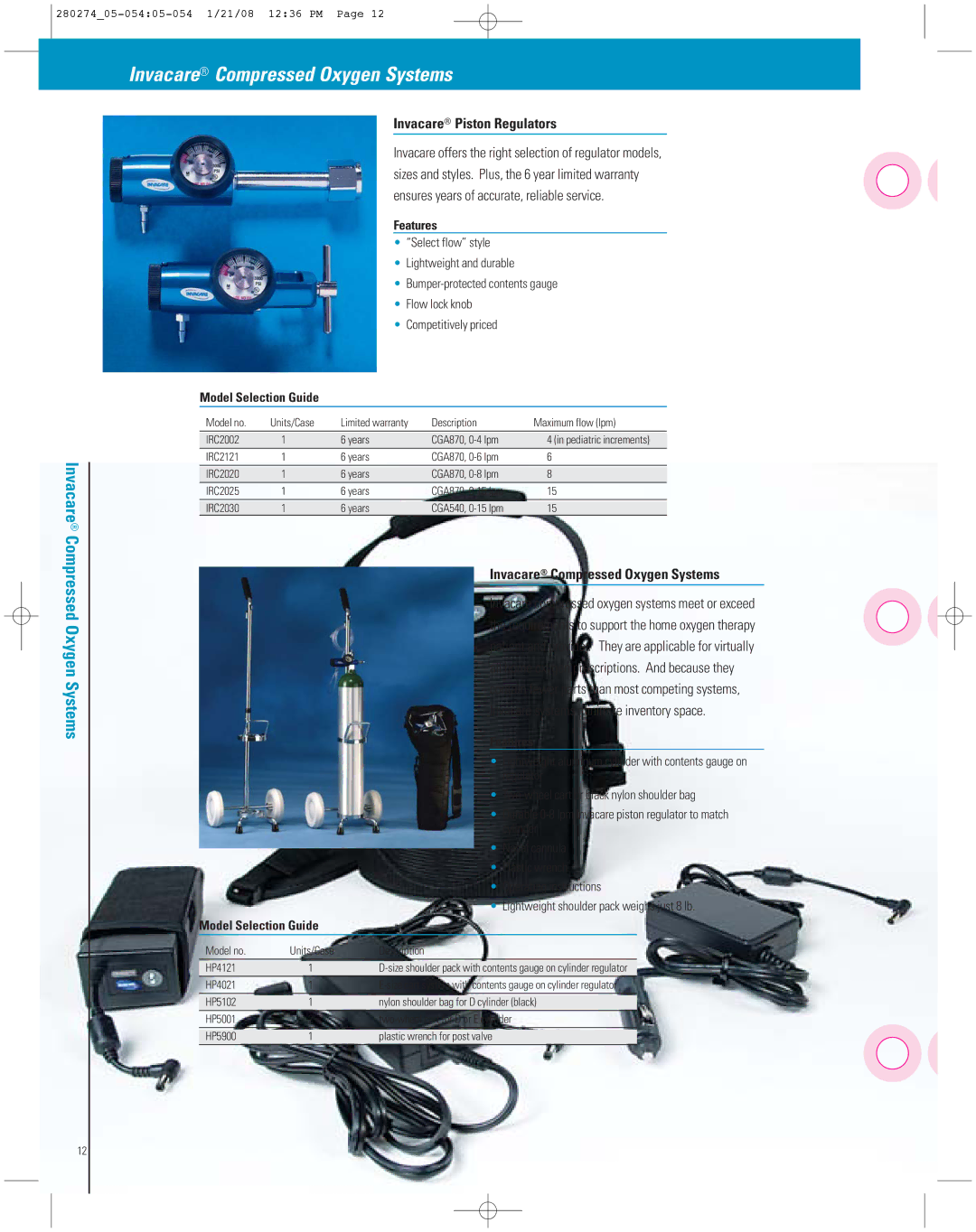 Invacare XPO2 manual Invacare Compressed Oxygen Systems, Invacare Piston Regulators 