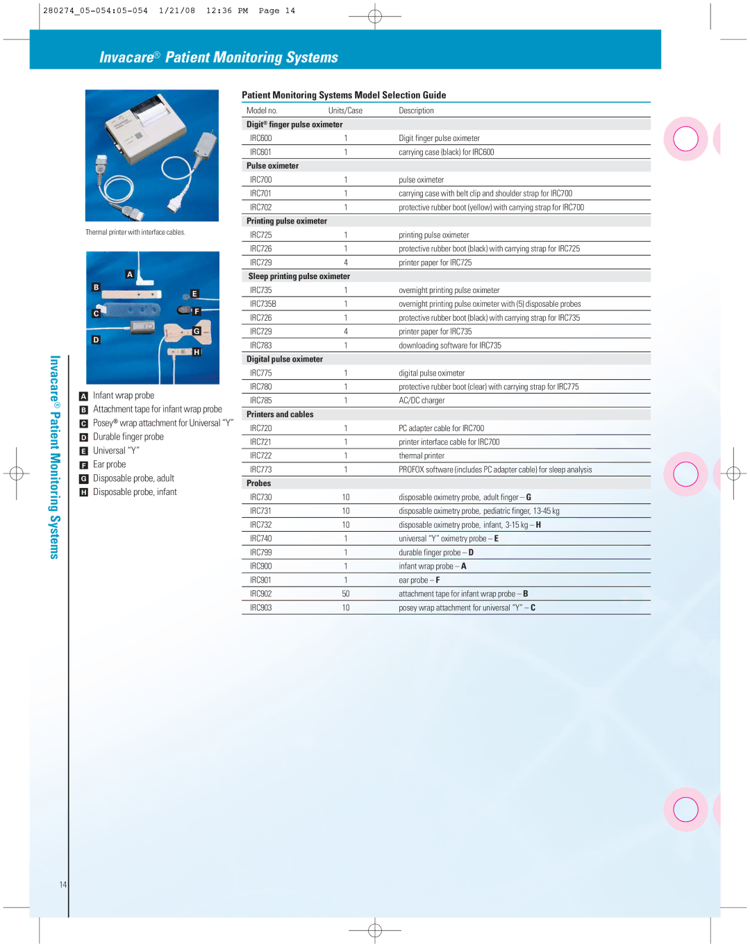 Invacare XPO2 manual Patient Monitoring Systems Model Selection Guide, Digit finger pulse oximeter, Pulse oximeter, Probes 