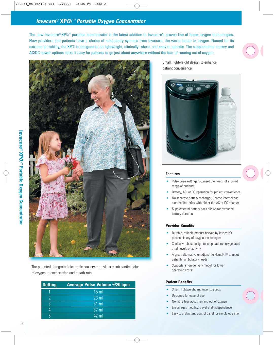 Invacare manual Invacare XPO2 Portable Oxygen Concentrator, Features, Provider Benefits, Patient Benefits 