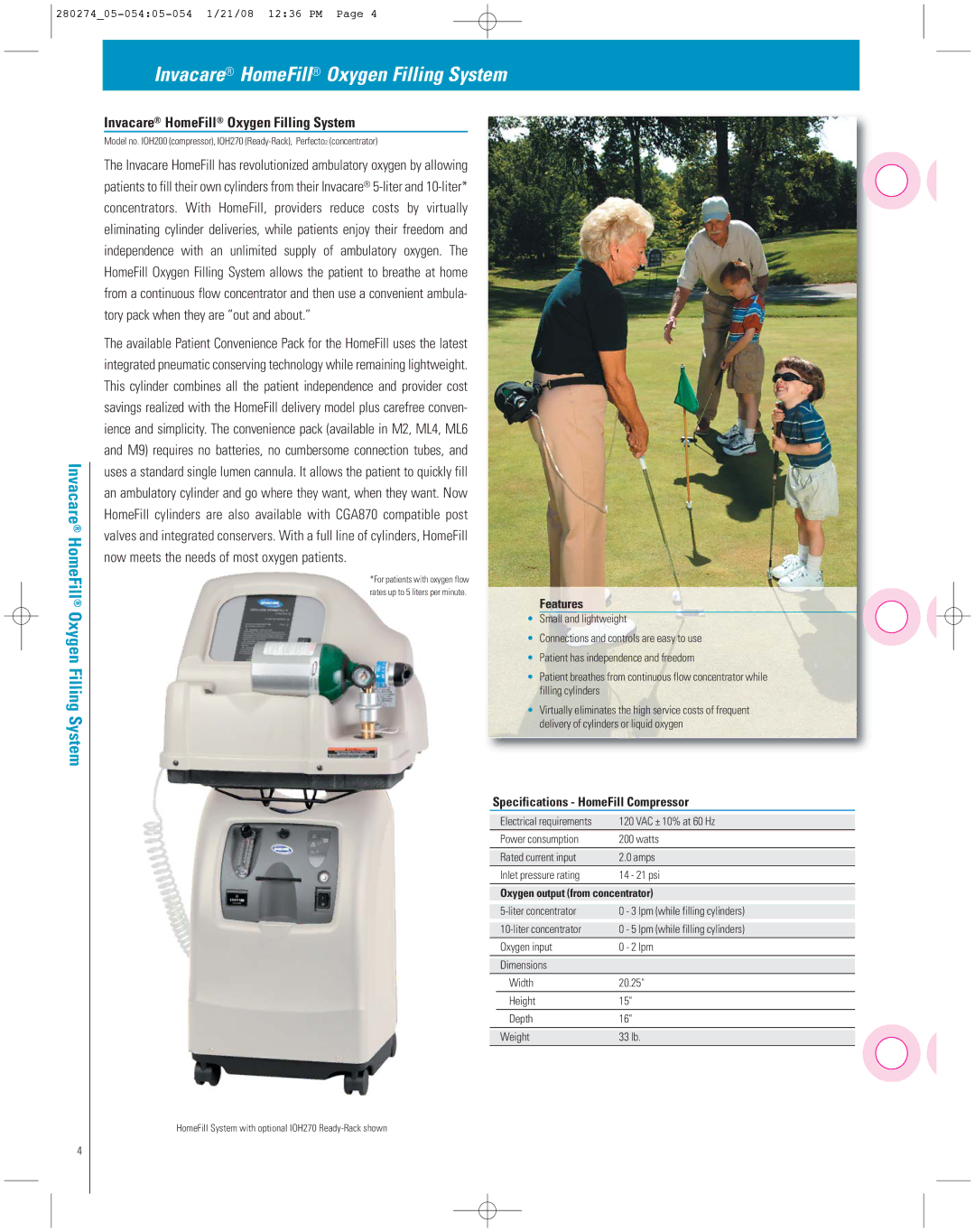 Invacare XPO2 manual Invacare HomeFill Oxygen Filling System, Features, Specifications HomeFill Compressor 