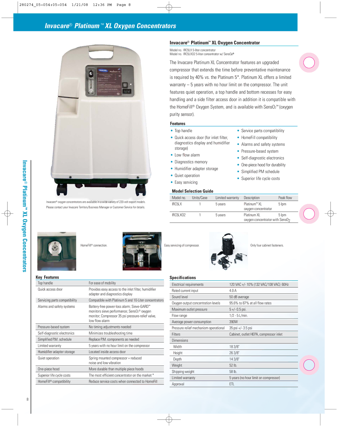 Invacare XPO2 manual Invacare Platinum XL Oxygen Concentrators, IRC5LXO2, Etl 