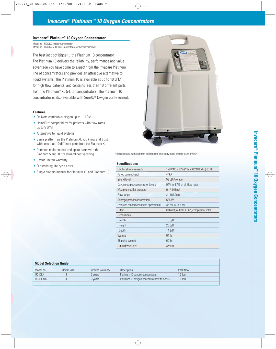 Invacare XPO2 manual Invacare Platinum 10 Oxygen Concentrators, IRC10LXO2 