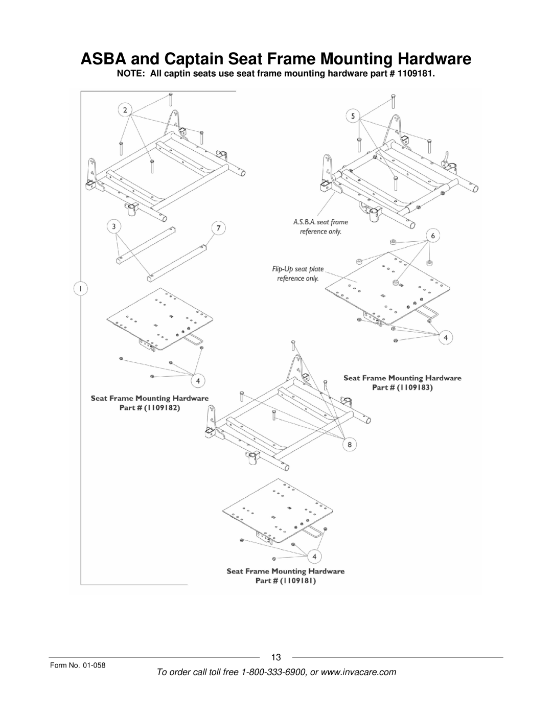 Invacare Xterra GT manual Asba and Captain Seat Frame Mounting Hardware 