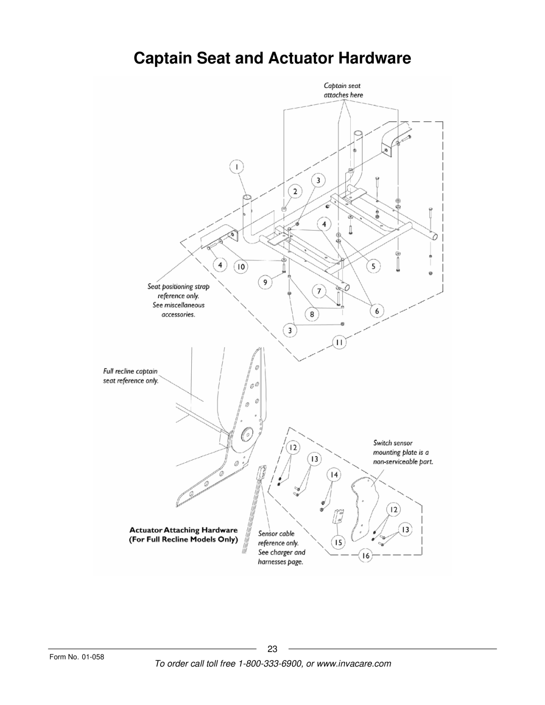 Invacare Xterra GT manual Captain Seat and Actuator Hardware 