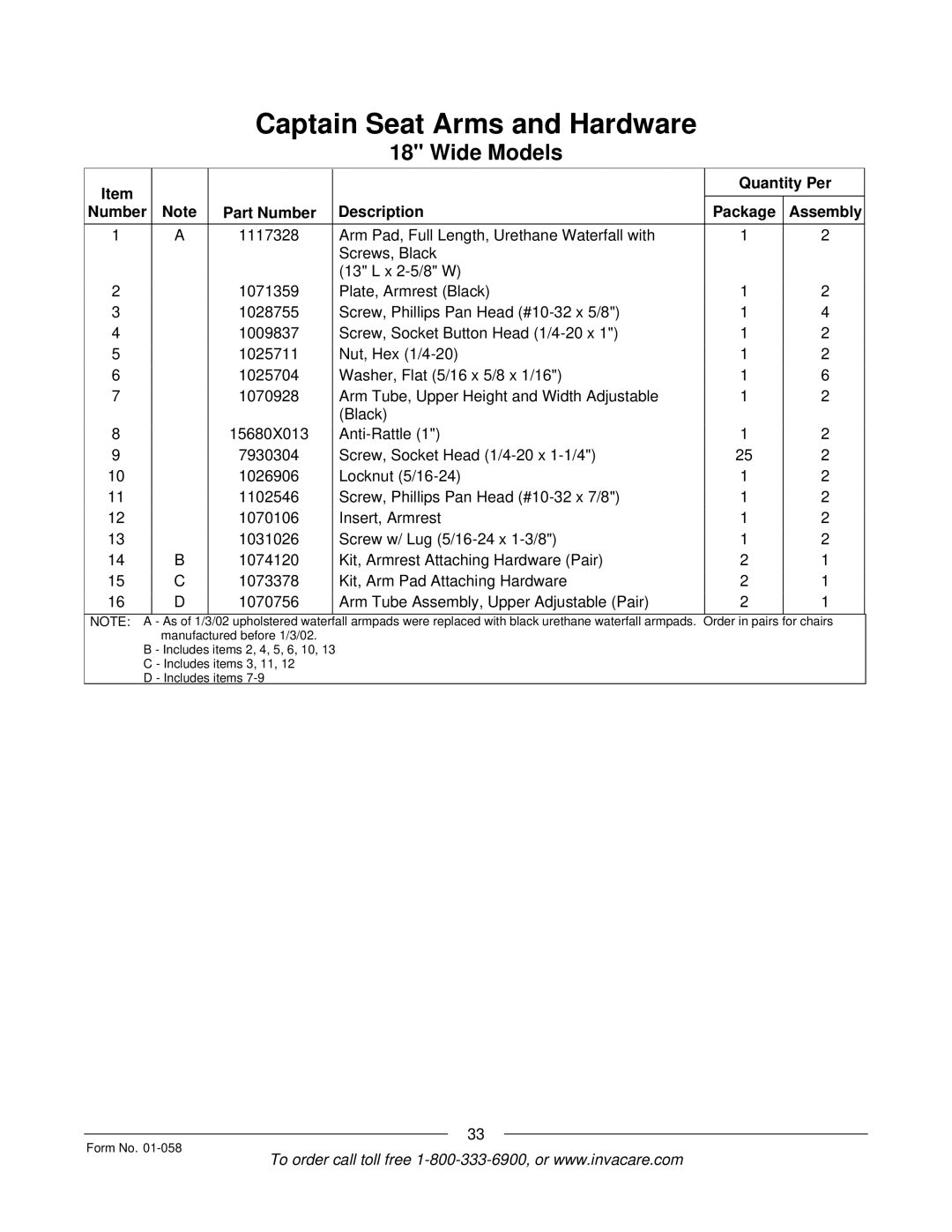 Invacare Xterra GT manual Quantity Per Number Part Number Description Package Assembly 