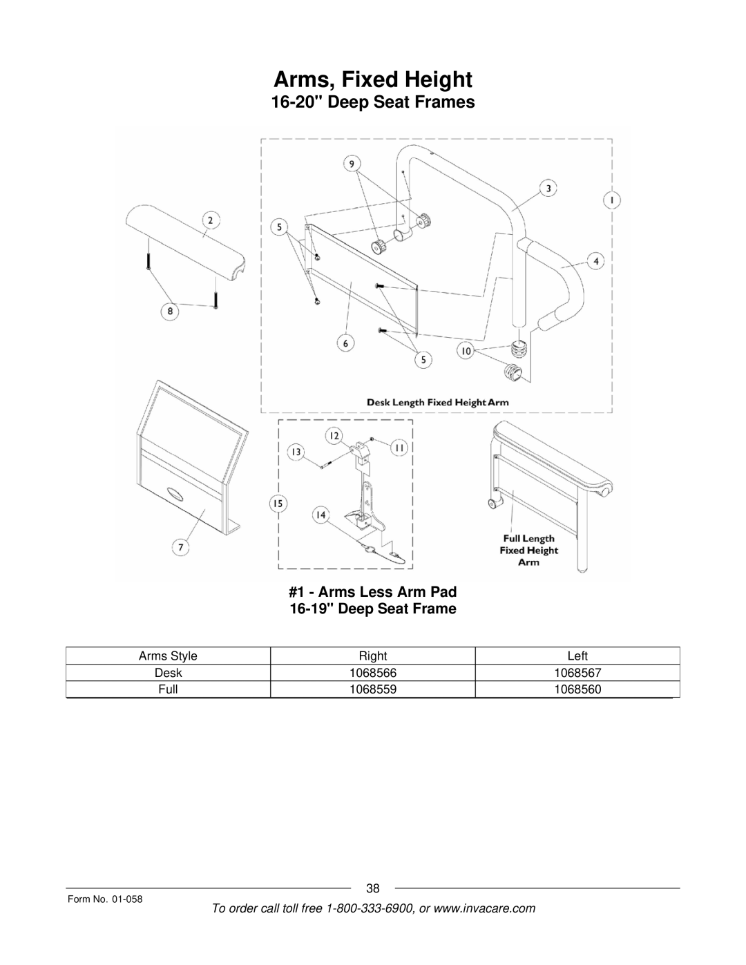 Invacare Xterra GT manual Arms, Fixed Height, #1 Arms Less Arm Pad Deep Seat Frame 