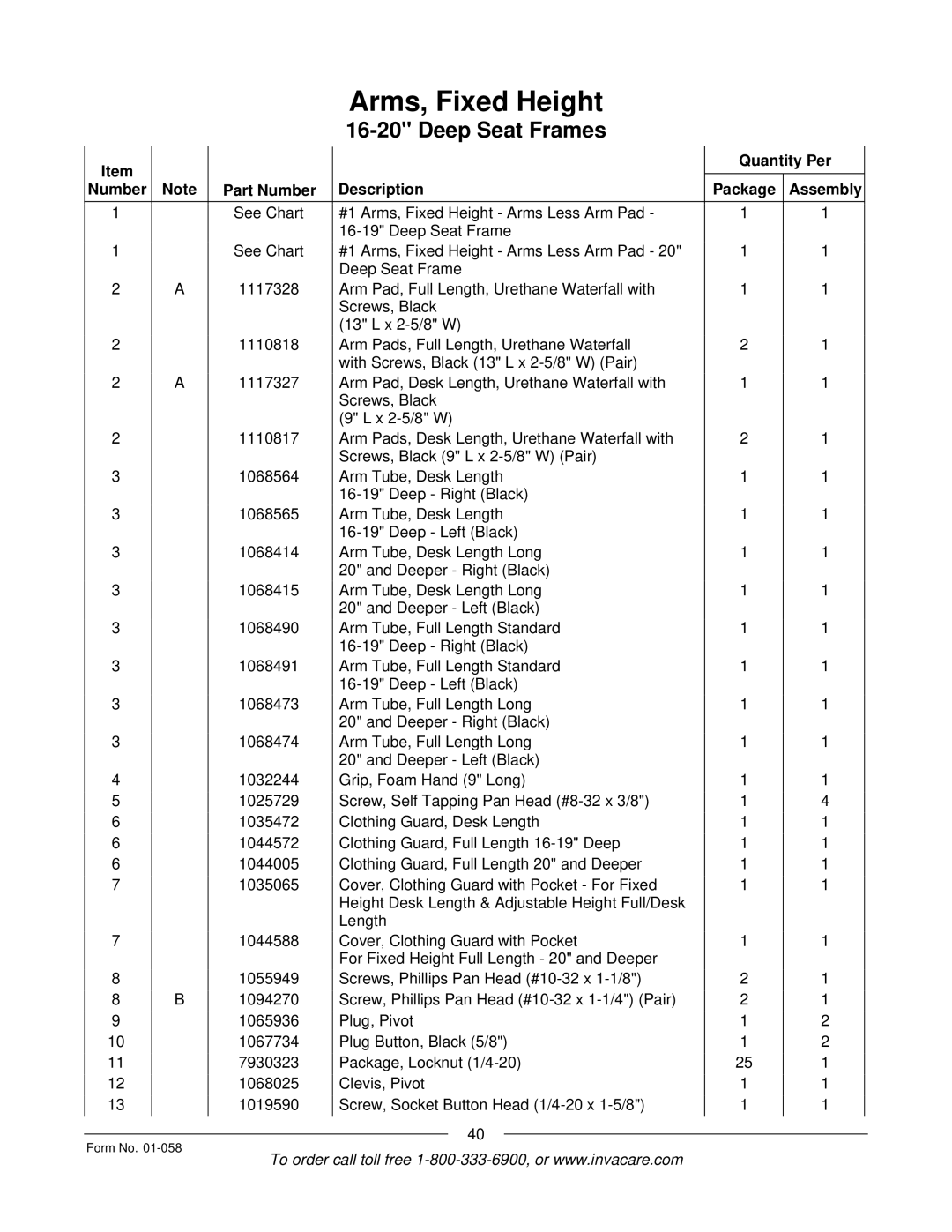 Invacare Xterra GT manual Quantity Per Number Part Number Description Package Assembly 