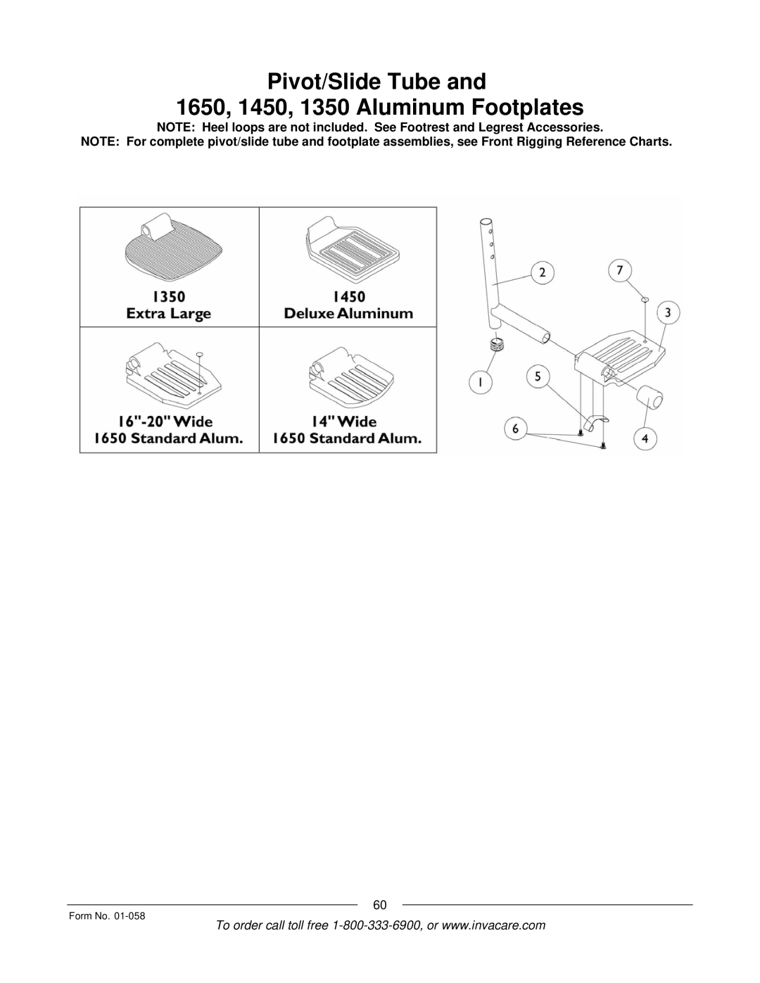 Invacare Xterra GT manual Pivot/Slide Tube 1650, 1450, 1350 Aluminum Footplates 