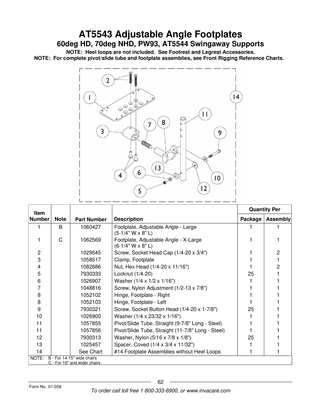 Invacare Xterra GT manual AT5543 Adjustable Angle Footplates, 60deg HD, 70deg NHD, PW93, AT5544 Swingaway Supports 