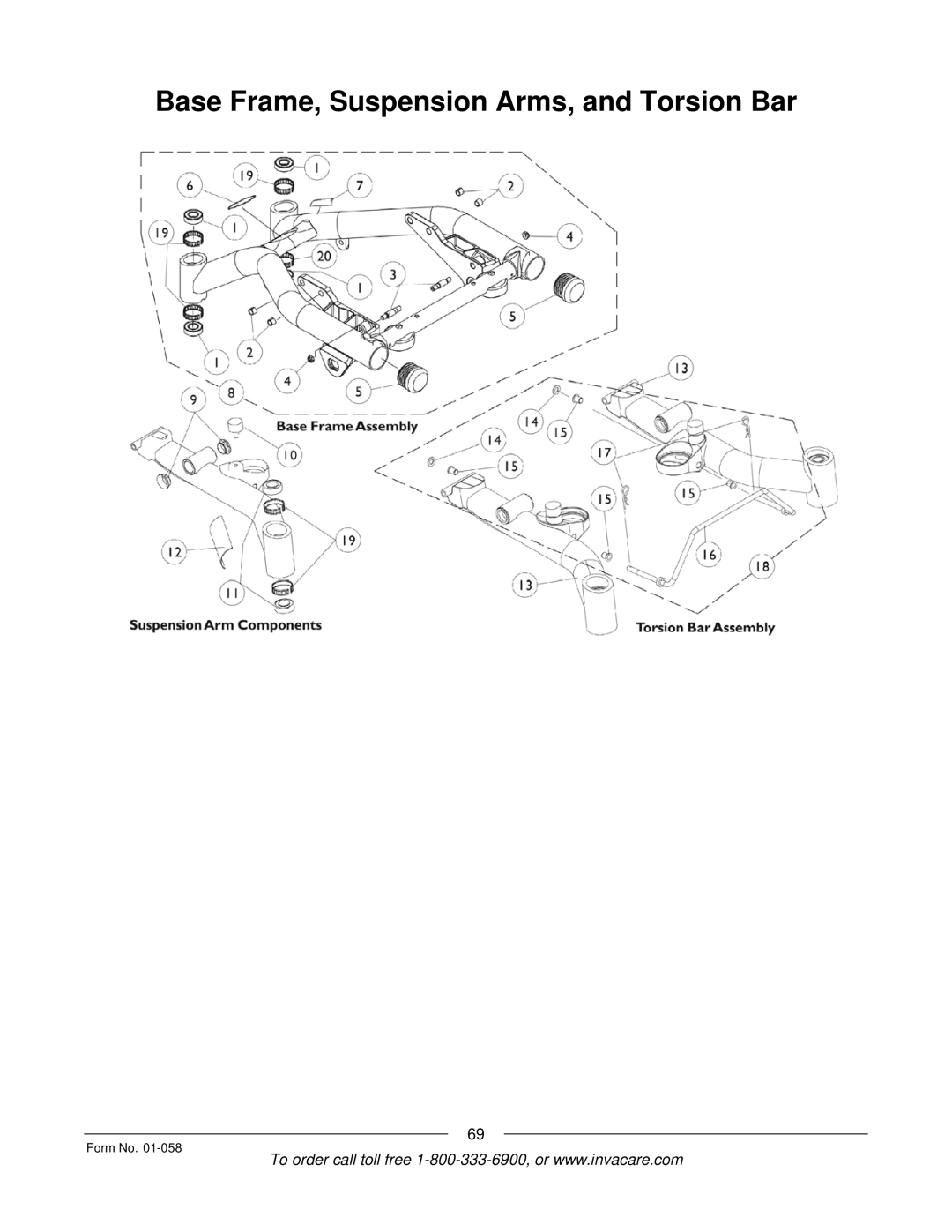 Invacare Xterra GT manual Base Frame, Suspension Arms, and Torsion Bar 