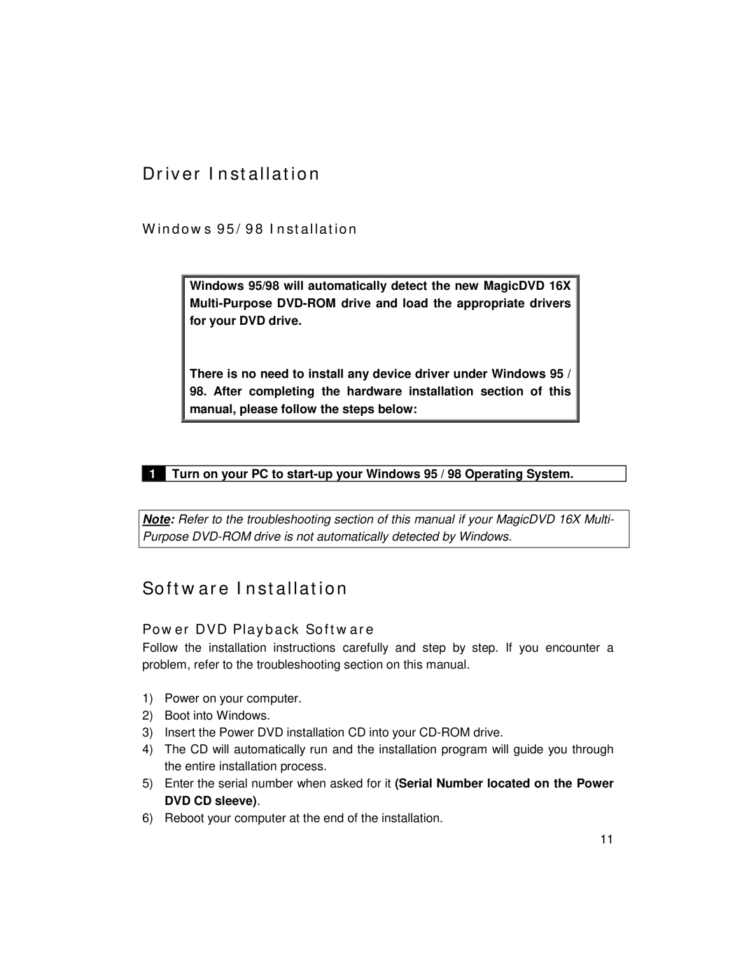 I/O Magic 16X manual Driver Installation, Software Installation, Windows 95/98 Installation, Power DVD Playback Software 