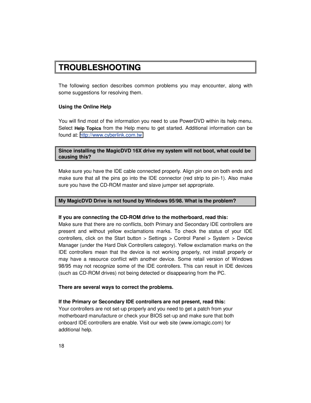 I/O Magic 16X manual Troubleshooting 