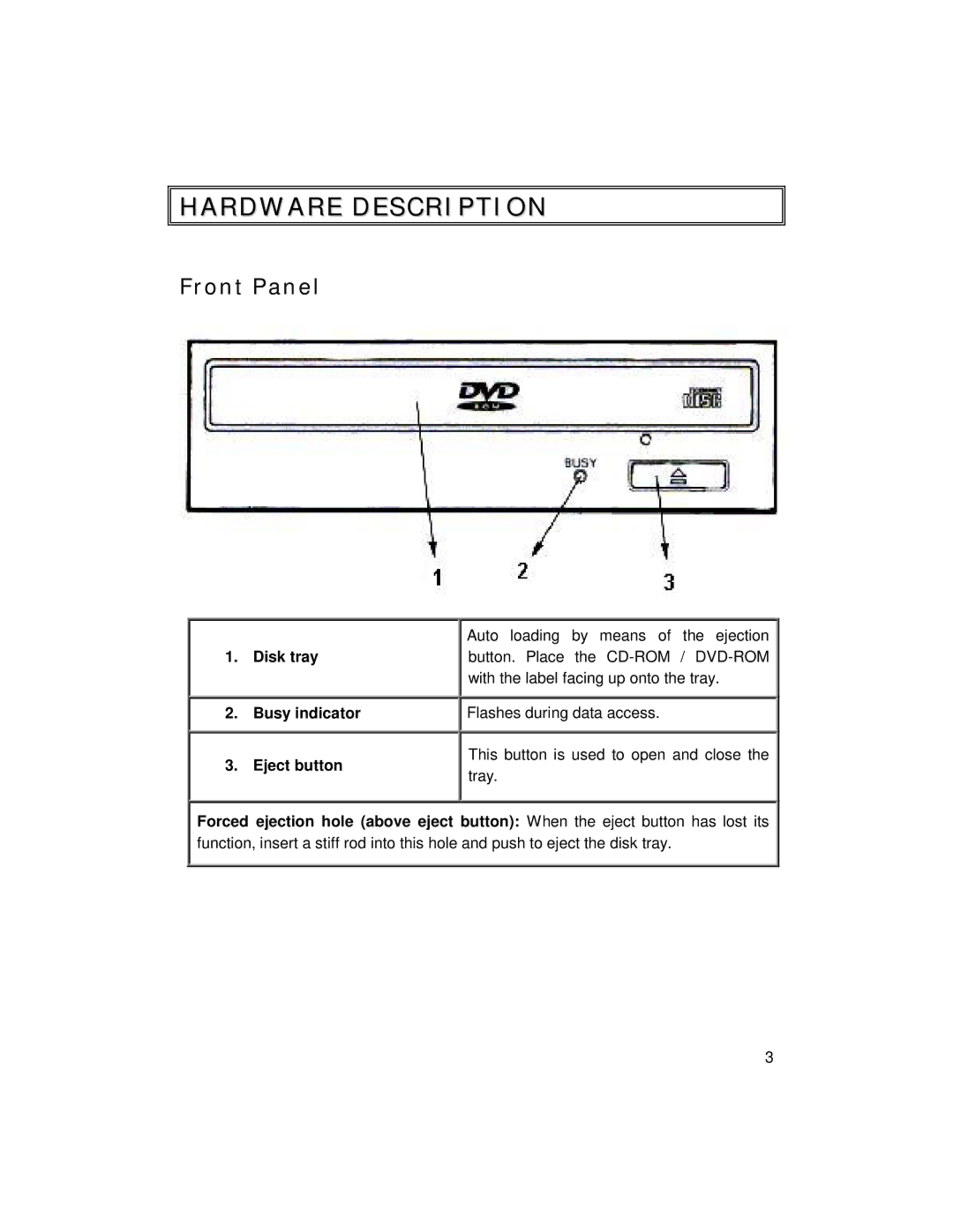 I/O Magic 16X manual Hardware Description, Front Panel, Disk tray Busy indicator Eject button 