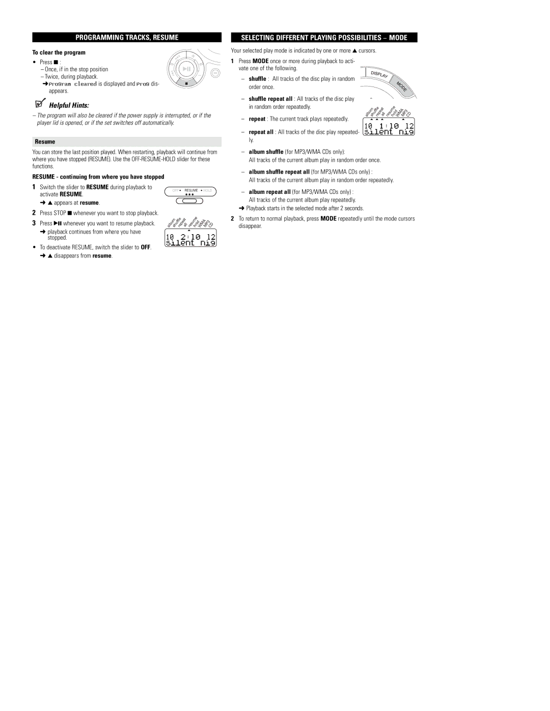 I/O Magic EXP3322 Programming TRACKS, Resume, Selecting Different Playing Possibilities − Mode, To clear the program 