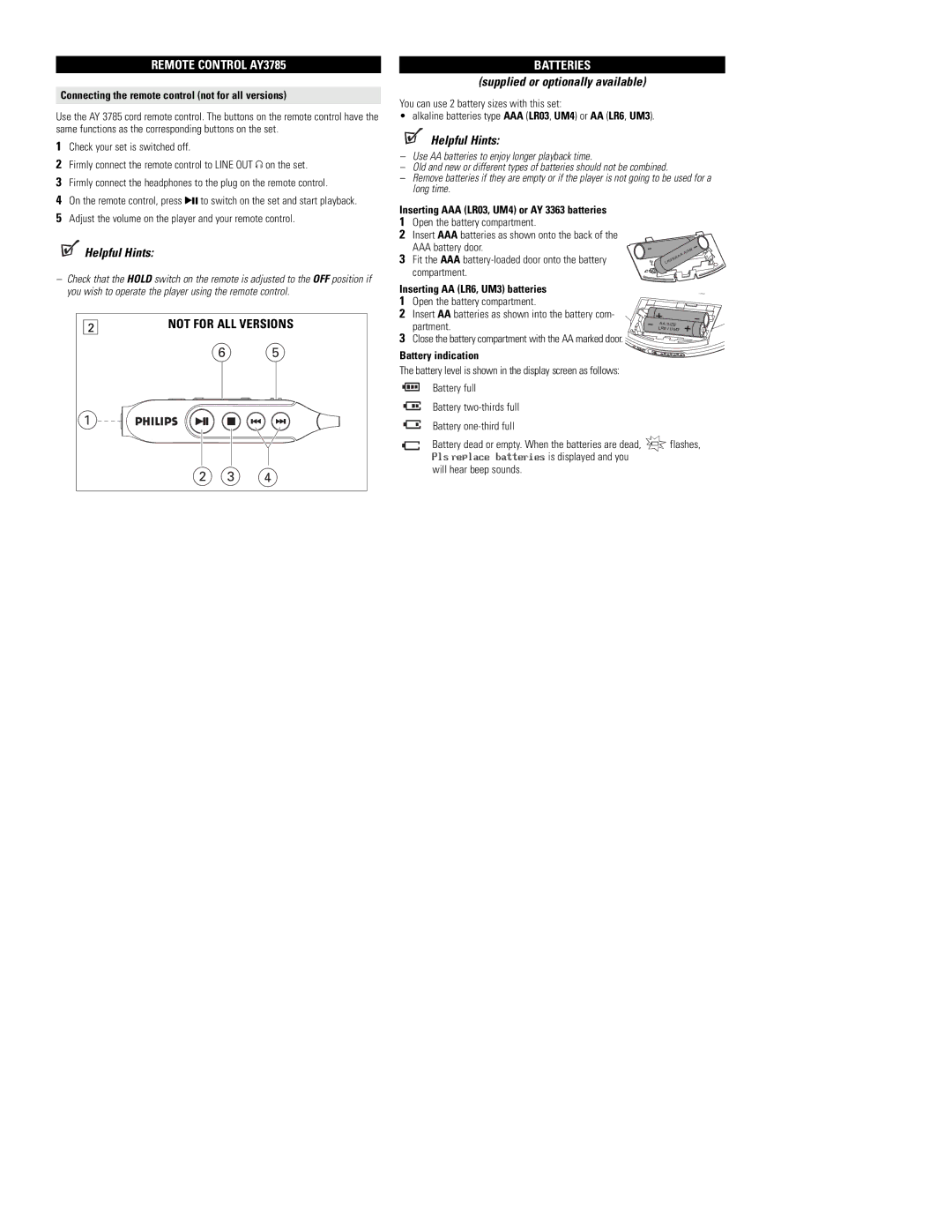 I/O Magic EXP3364 Remote Control AY3785, Batteries, Connecting the remote control not for all versions, Battery indication 