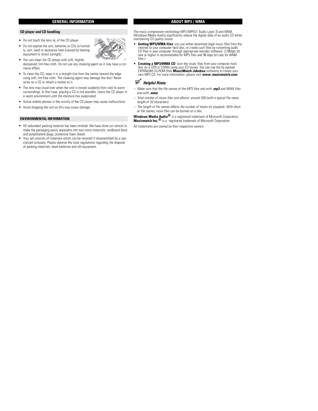 I/O Magic EXP3360, EXP3365 General Information, About MP3 / WMA, CD player and CD handling, Environmental Information 