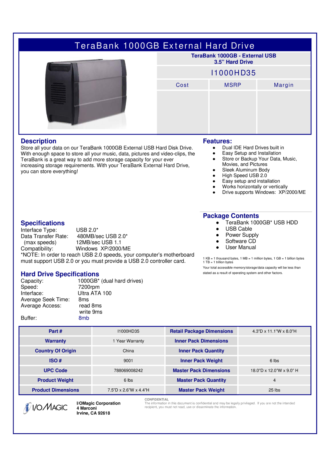 I/O Magic I1000HD35 specifications Description, Features, Hard Drive Specifications, Package Contents 