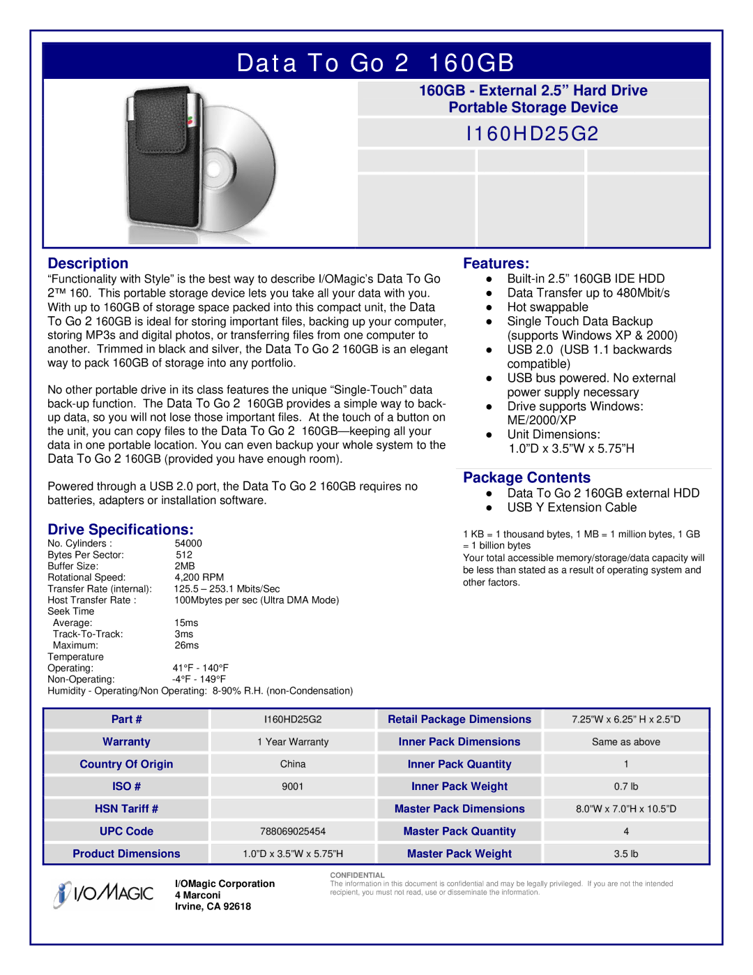 I/O Magic I160HD25G2 specifications 160GB External 2.5 Hard Drive Portable Storage Device, Description, Features 