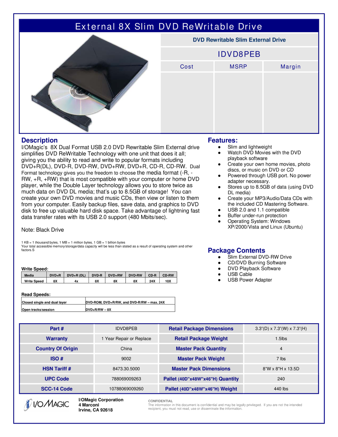 I/O Magic IDVD8PEB dimensions Description, Features, Package Contents 