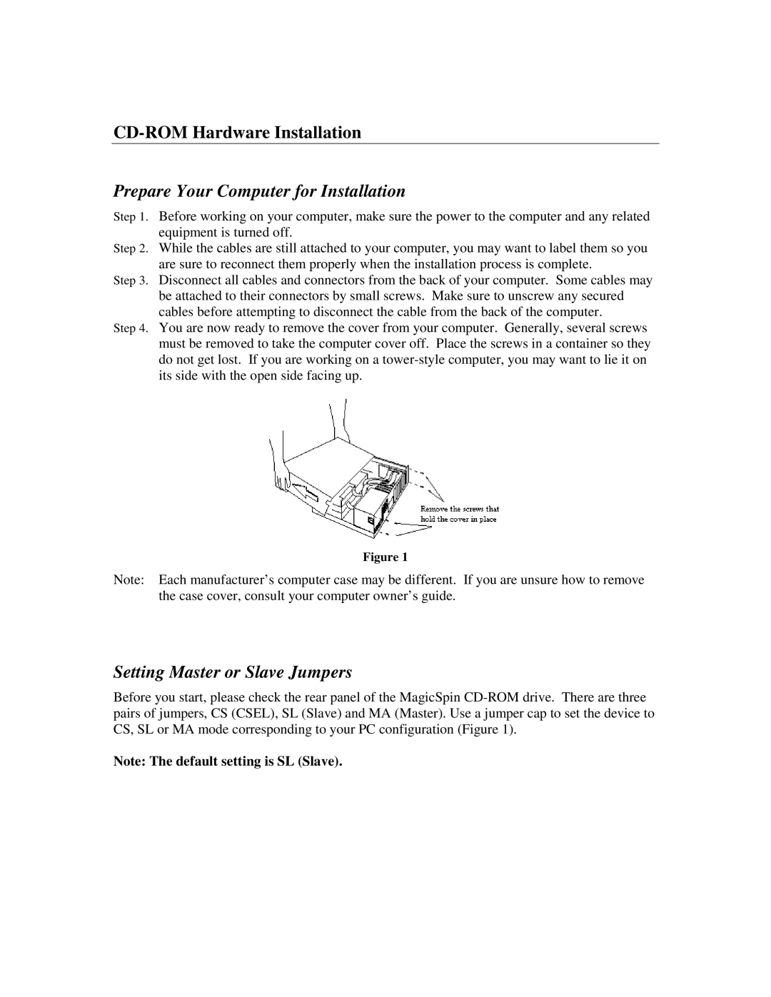 I/O Magic MagicSpin CD-ROM Hardware Installation, Prepare Your Computer for Installation, Setting Master or Slave Jumpers 