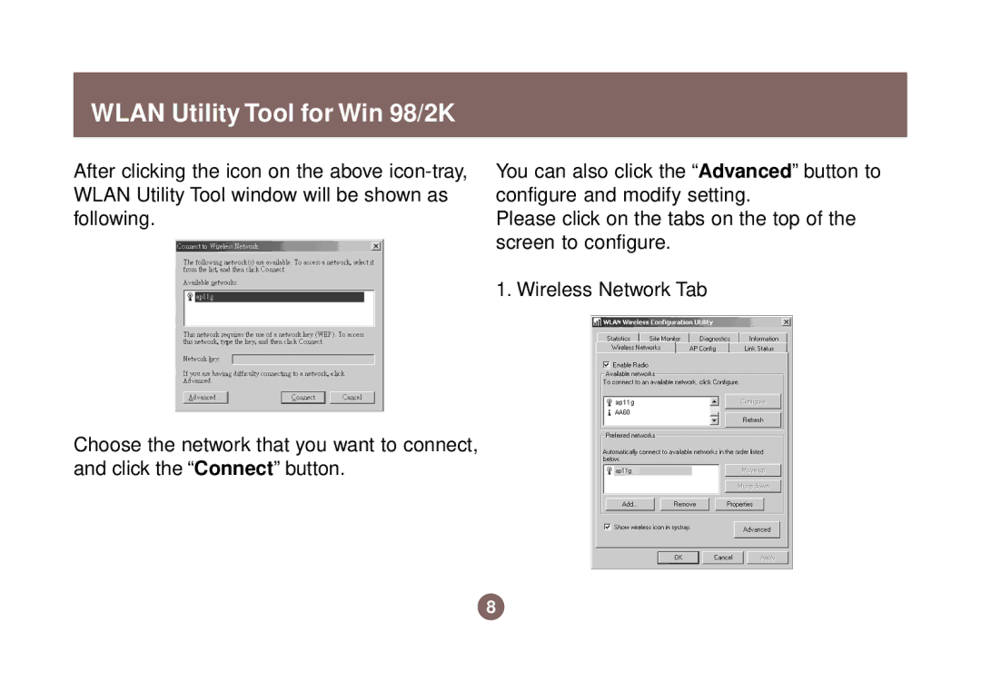 IOGear 1017 GWP511 user manual Wlan Utility Tool for Win 98/2K 